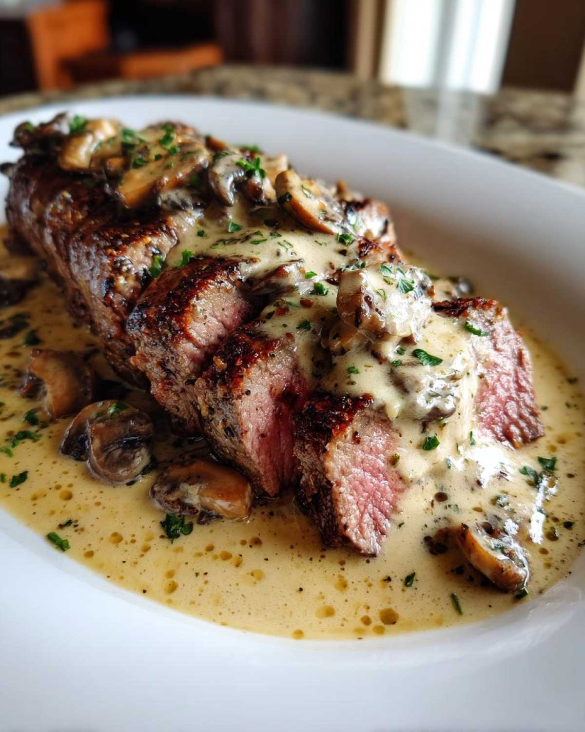 Close-up of sliced Garlic Butter Steak with Creamy Mushroom Sauce, showing medium-rare center.