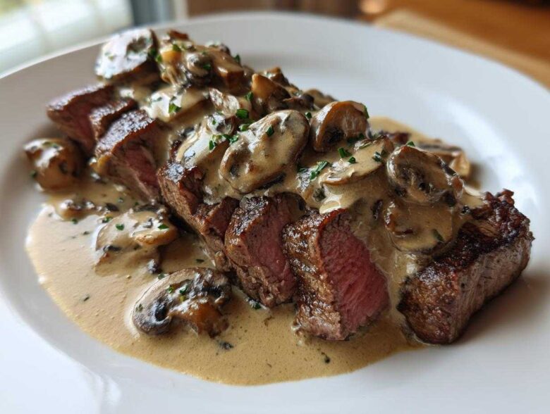 Perfectly cooked Garlic Butter Steak with Creamy Mushroom Sauce, sliced to show medium-rare interior.