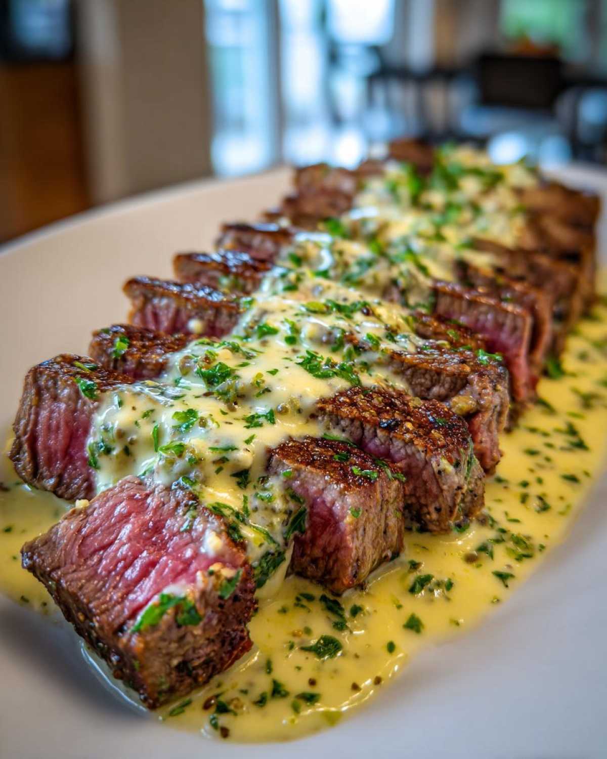 Close-up of medium-rare Garlic Butter Steak with Creamy Sauce, sliced and drizzled generously over the meat.