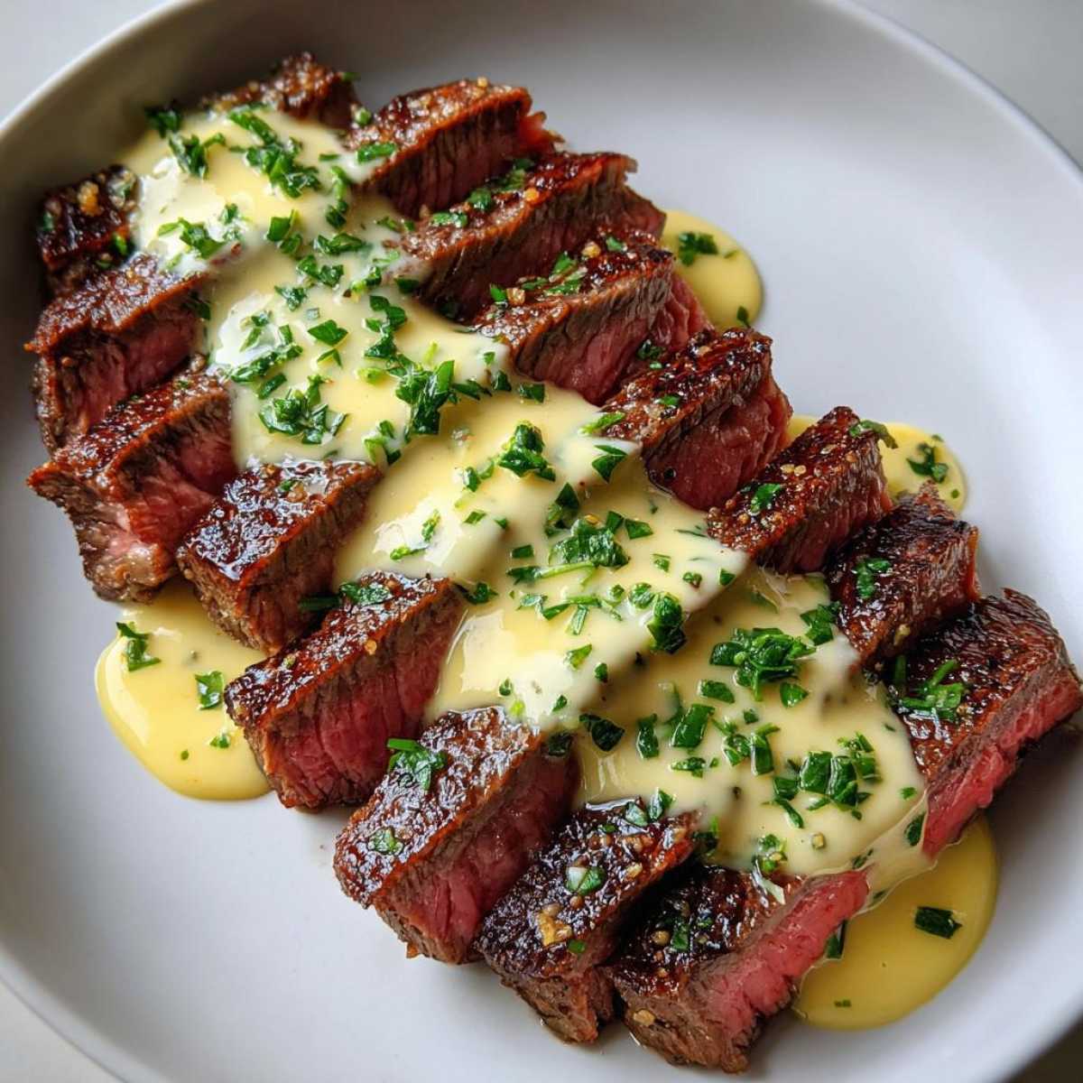 Close-up of medium-rare Garlic Butter Steak with Creamy Sauce drizzled over the slices and garnished with parsley.