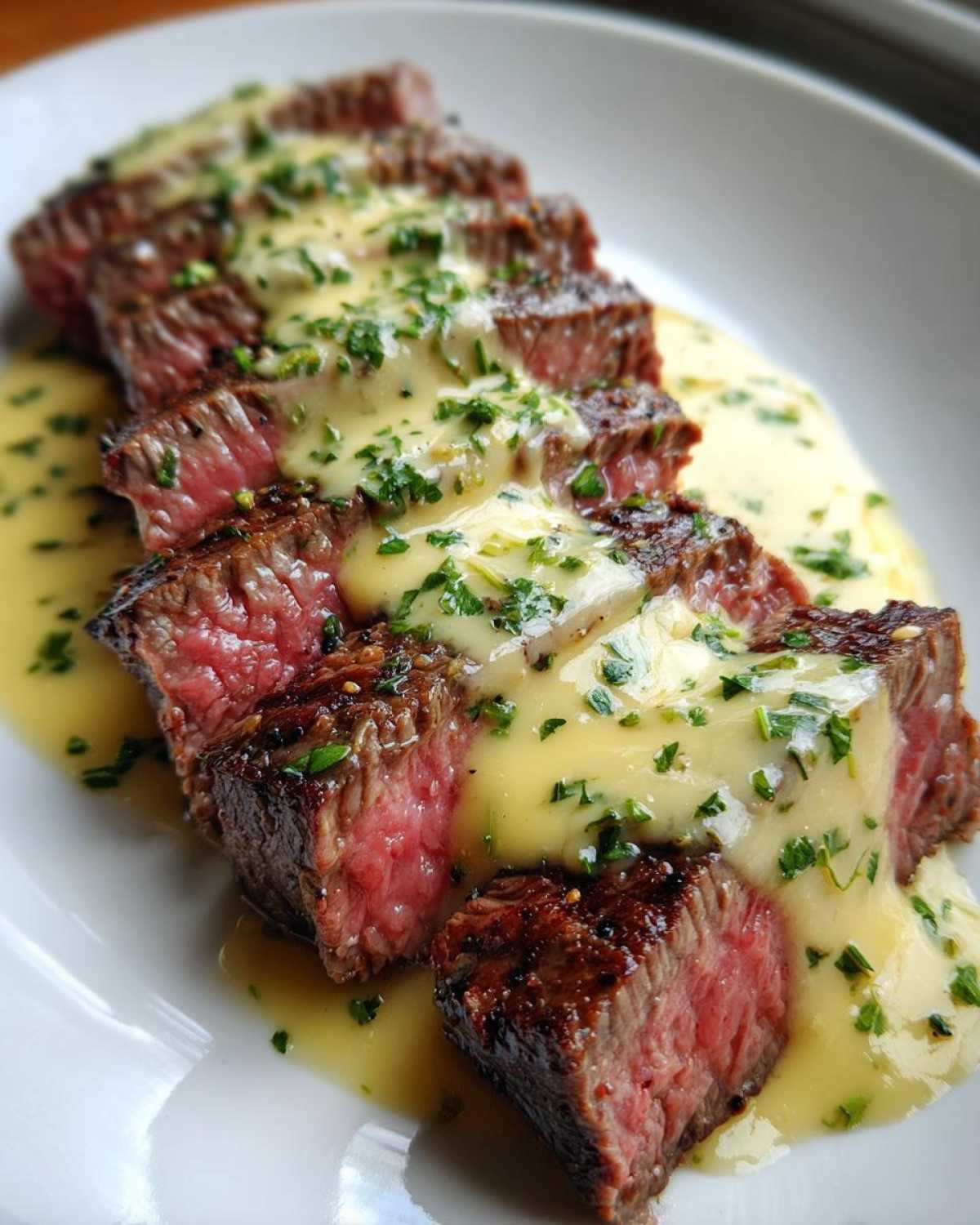Close-up of medium-rare Garlic Butter Steak with Creamy Sauce sliced and drizzled with parsley.