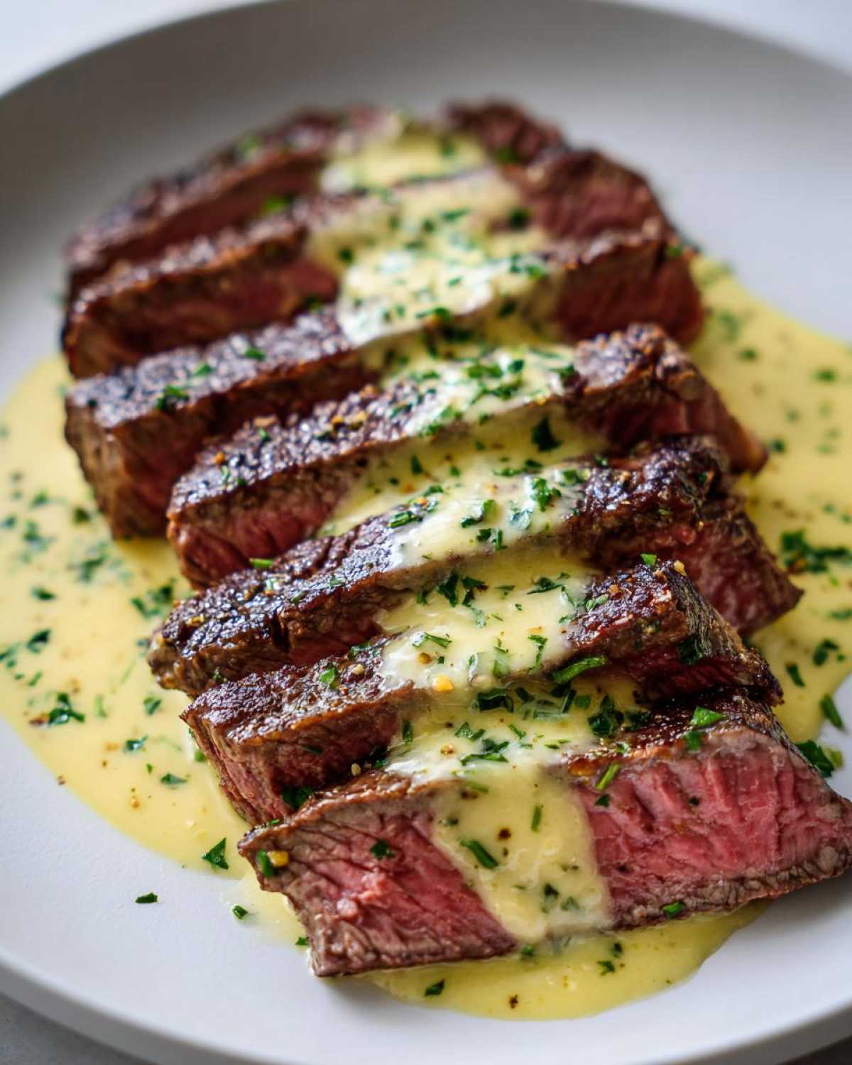 Close-up of medium-rare Garlic Butter Steak with Creamy Sauce drizzled over the slices.