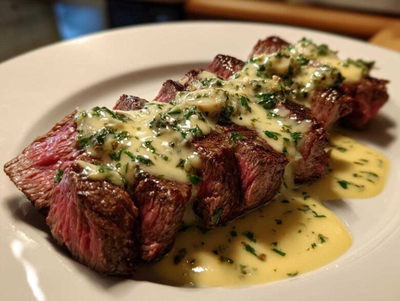 Slices of medium-rare steak topped with a rich, creamy Garlic Butter Steak with Creamy Sauce and fresh parsley.