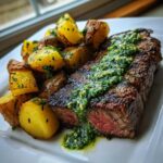 Perfectly cooked Garlic Butter Steak and Potatoes topped with vibrant green herb sauce.