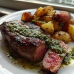 A perfectly cooked medium-rare Garlic Butter Steak and Potatoes with Herb Sauce, sliced open on a white plate.