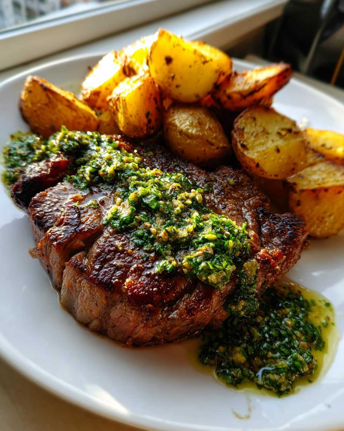 A perfectly cooked steak topped with vibrant green herb sauce, served alongside roasted potatoes, showcasing the Garlic Butter Steak and Potatoes.