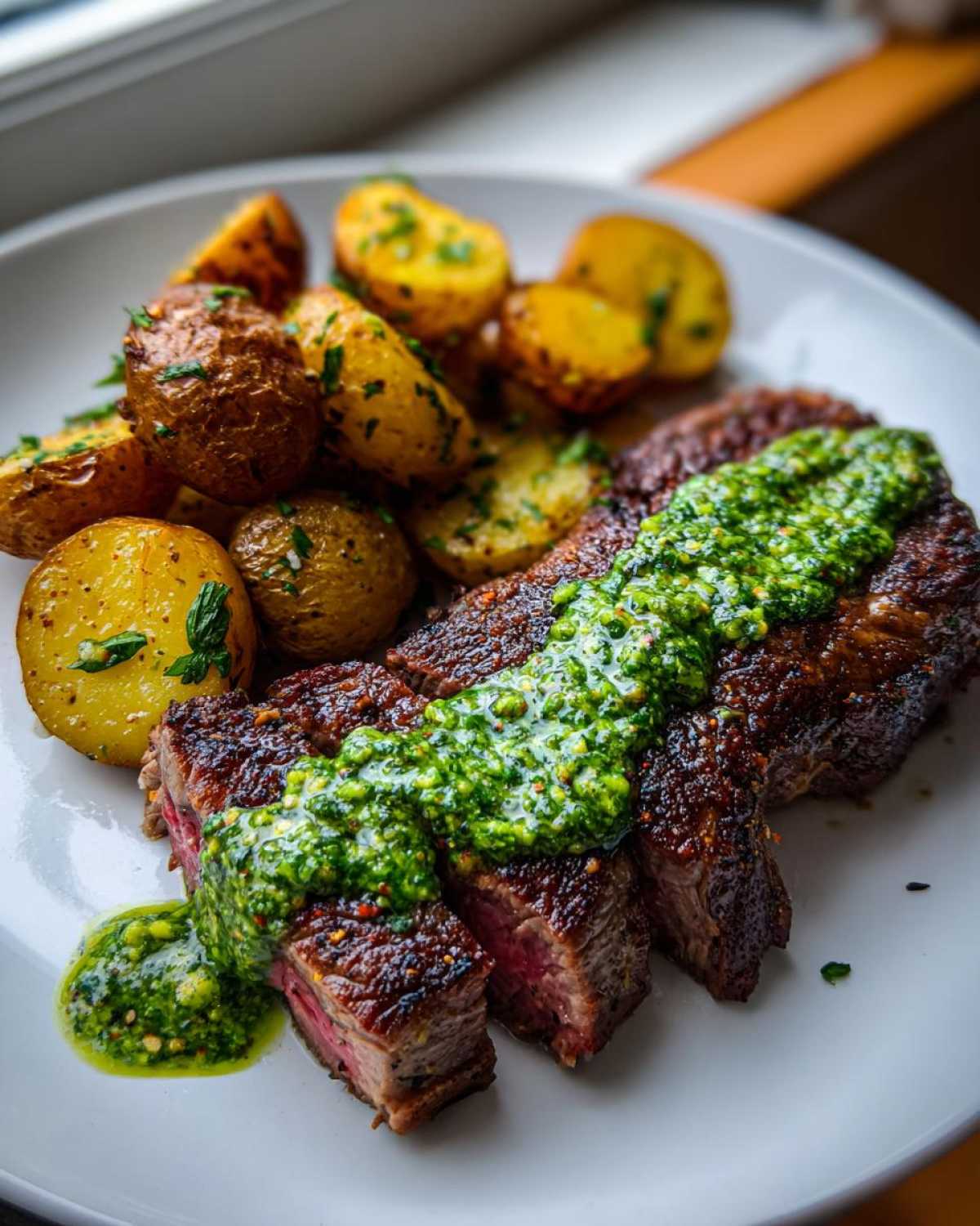 Sliced Garlic Butter Steak and Potatoes topped with a vibrant green herb sauce on a white plate.