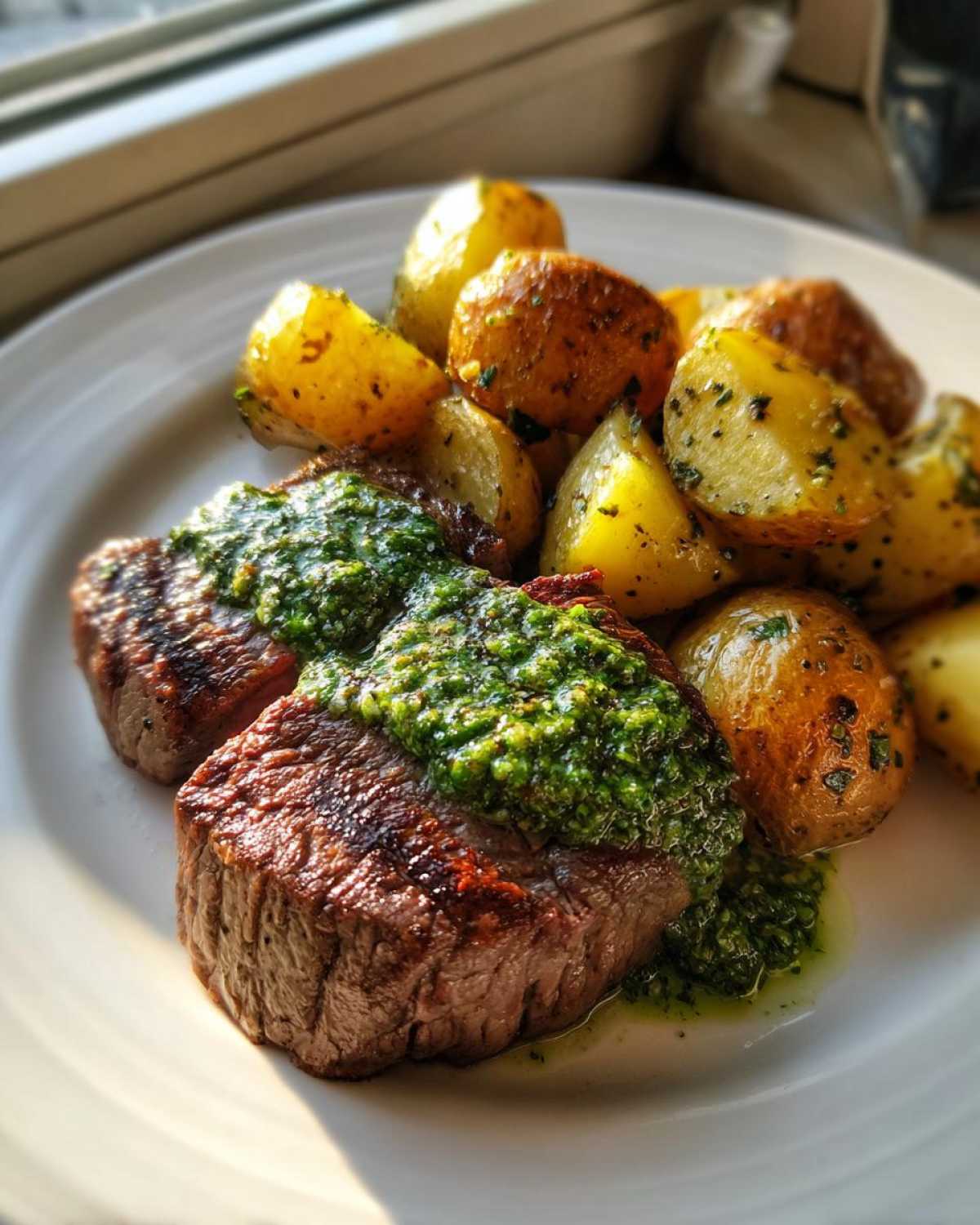Two seared steaks topped with green herb sauce, served alongside roasted potatoes, part of the Garlic Butter Steak and Potatoes recipe.