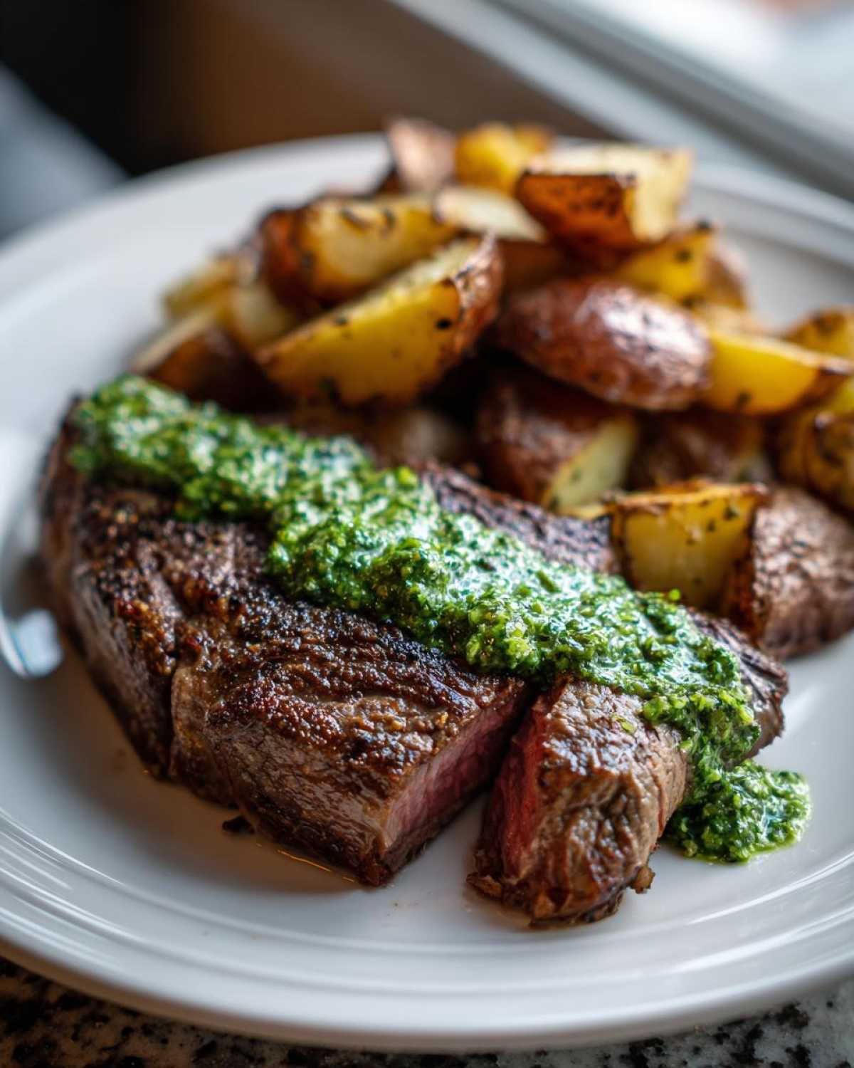 A perfectly cooked Garlic Butter Steak and Potatoes topped with vibrant green herb sauce on a white plate.