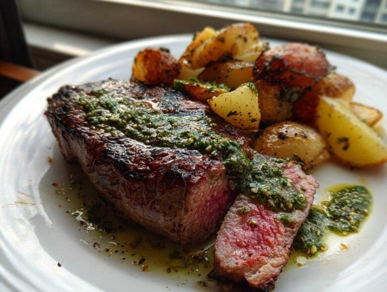 A perfectly cooked medium-rare Garlic Butter Steak and Potatoes with Herb Sauce, sliced open on a white plate.