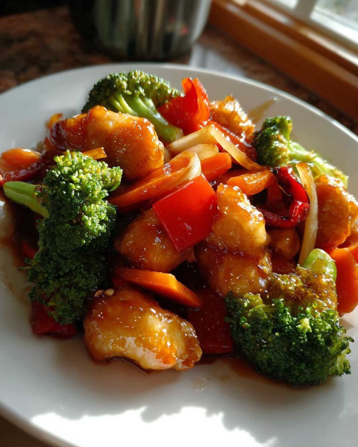 Close-up of Honey Garlic Chicken and Veggie Stir Fry featuring glazed chicken pieces, bright green broccoli, red peppers, and carrots.