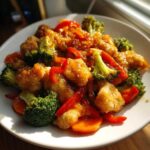 Close-up of a plate filled with glistening Honey Garlic Chicken and Veggie Stir Fry, featuring broccoli, red peppers, and carrots.