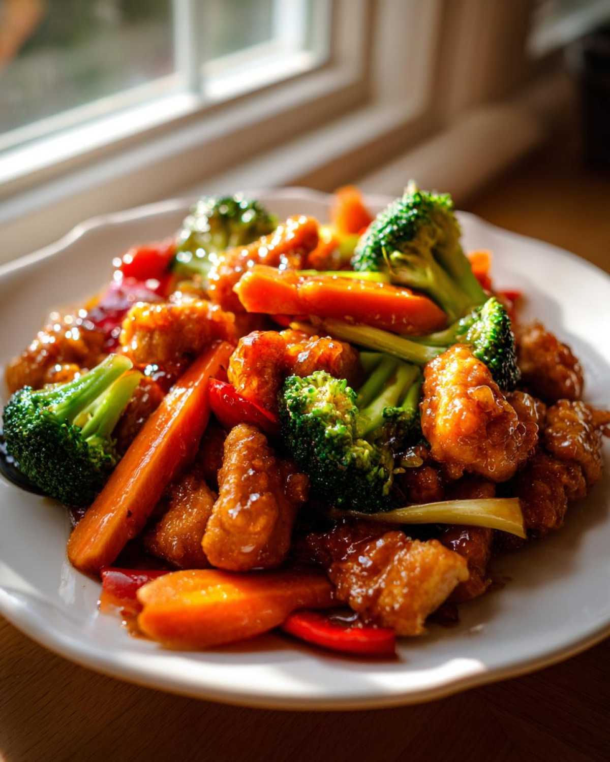 Close-up of a plate filled with glistening Honey Garlic Chicken and Veggie Stir Fry featuring broccoli and carrots.