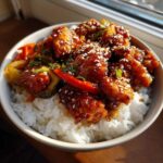 Close-up of Honey Garlic Chicken Bites served over white rice, topped with sesame seeds and vegetables.