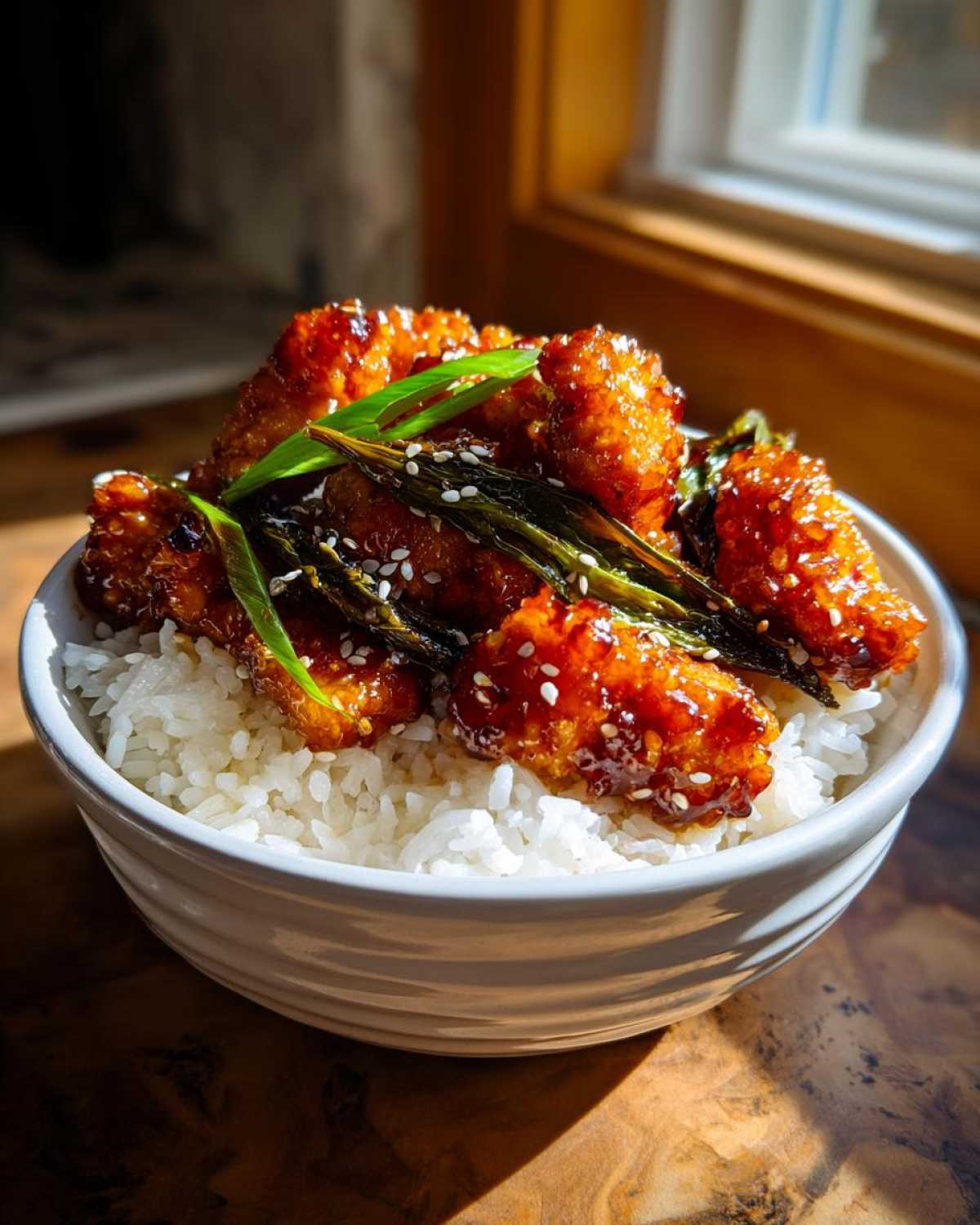 Close-up of Honey Garlic Chicken Bites served over fluffy white rice, garnished with sesame seeds and green onions.
