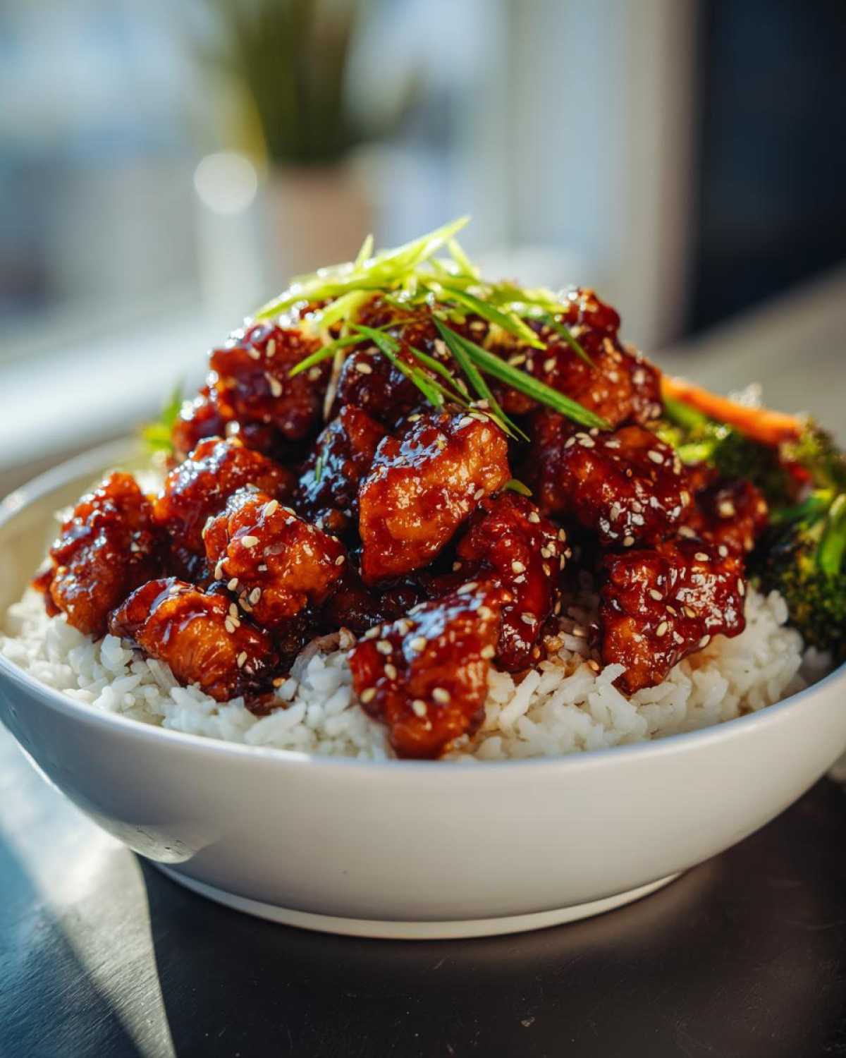 Close-up of Honey Garlic Chicken Bites generously coated in sauce and sesame seeds, served over white rice in a bowl.