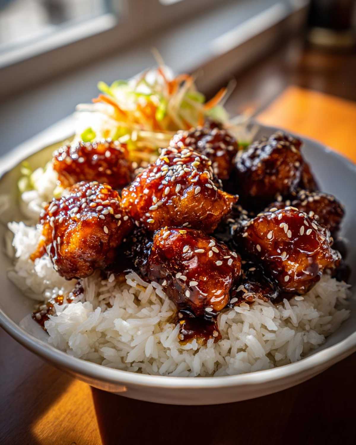 Close-up of Honey Garlic Chicken Bites coated in a dark, shiny glaze and sesame seeds, served over fluffy white rice.