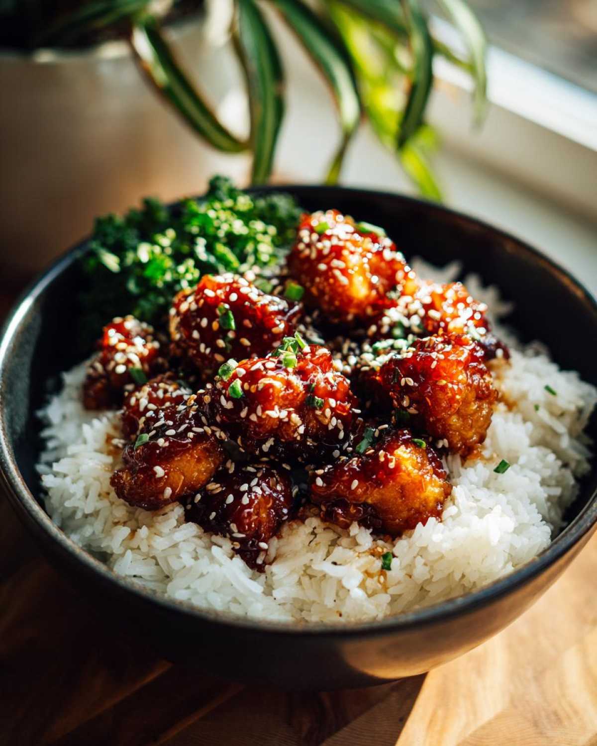 Close-up of Honey Garlic Chicken Bites glazed in sauce, sprinkled with sesame seeds, served over white rice in a dark bowl.