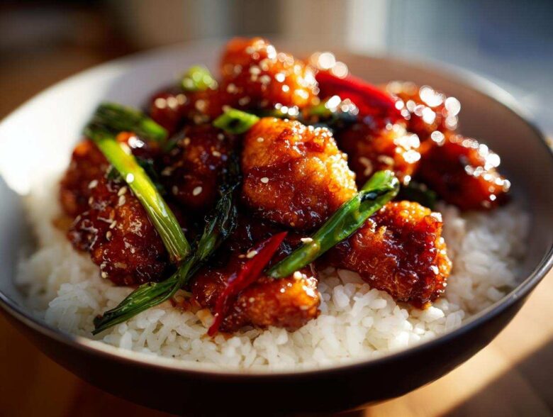 Close-up of sticky, glazed Honey Garlic Chicken Bites served over a bed of white rice, garnished with green onions and sesame seeds.
