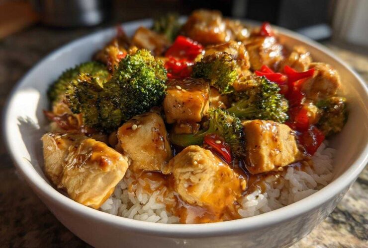 Close-up of a Honey Garlic Chicken Bowl with rice, broccoli, and red peppers coated in a glossy sauce.
