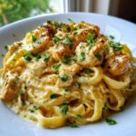 Close-up of creamy Honey Garlic Chicken Pasta with fettuccine noodles and seared chicken pieces, garnished with parsley.