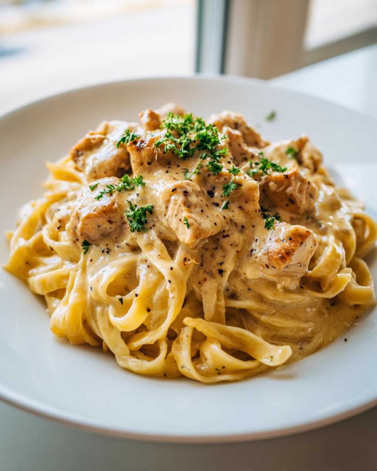 A close-up of creamy Honey Garlic Chicken Pasta featuring fettuccine noodles and seasoned chicken pieces topped with parsley.