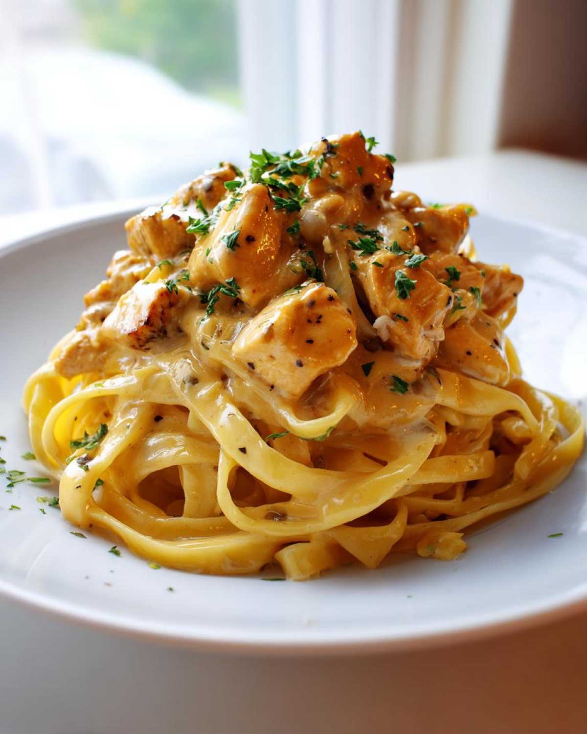A close-up of creamy Honey Garlic Chicken Pasta with fettuccine noodles topped with seasoned chicken pieces and fresh parsley.
