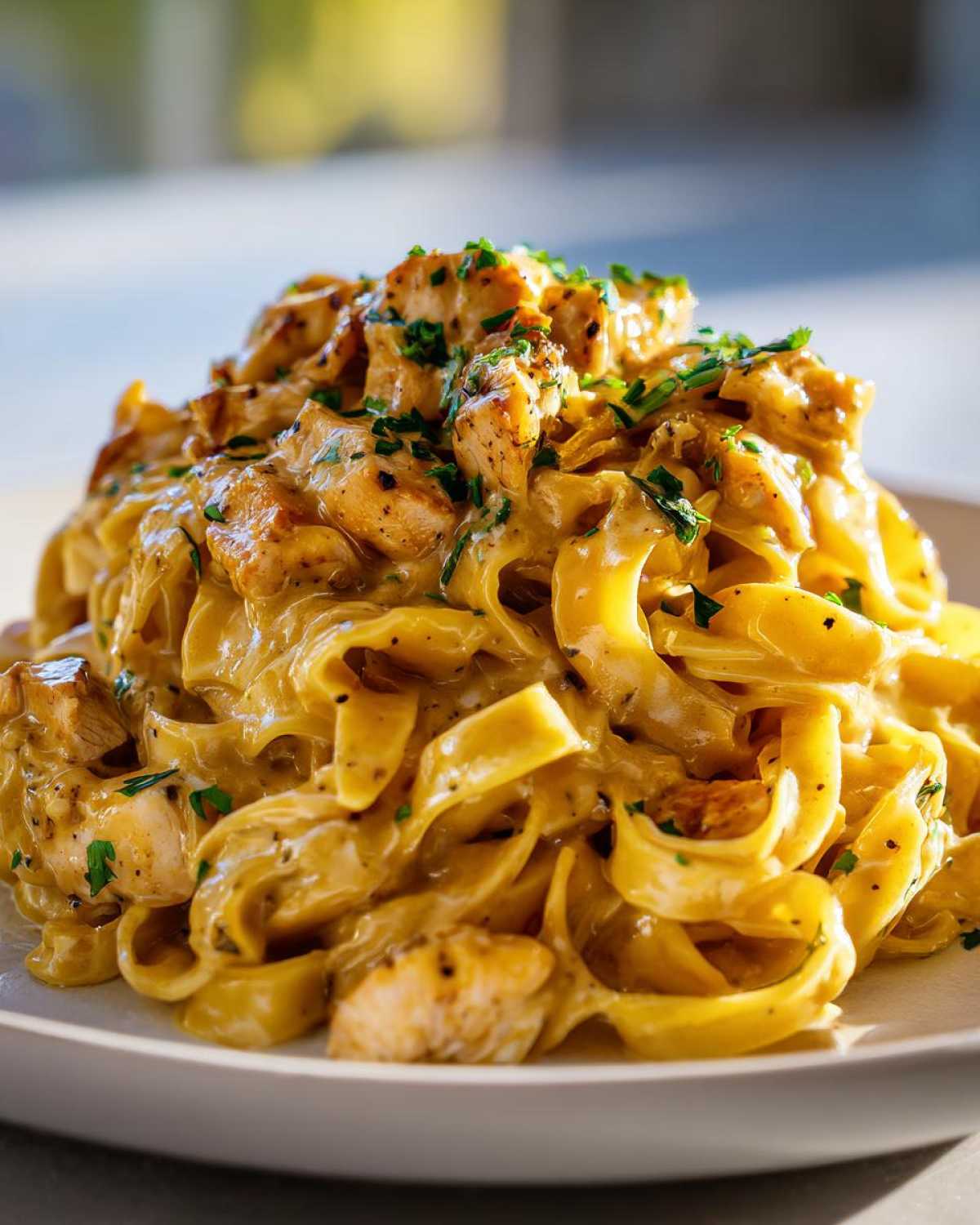 A close-up, appetizing shot of Honey Garlic Chicken Pasta with Cream Sauce, featuring fettuccine noodles and diced chicken topped with parsley.
