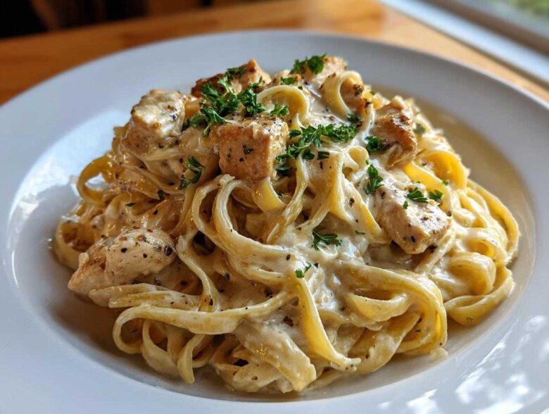 Close-up of Honey Garlic Chicken Pasta with Cream Sauce, featuring fettuccine noodles and cubed chicken breast topped with parsley.