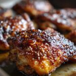 Close-up of perfectly cooked Honey Garlic Chicken Thighs with a thick, shiny, caramelized glaze.