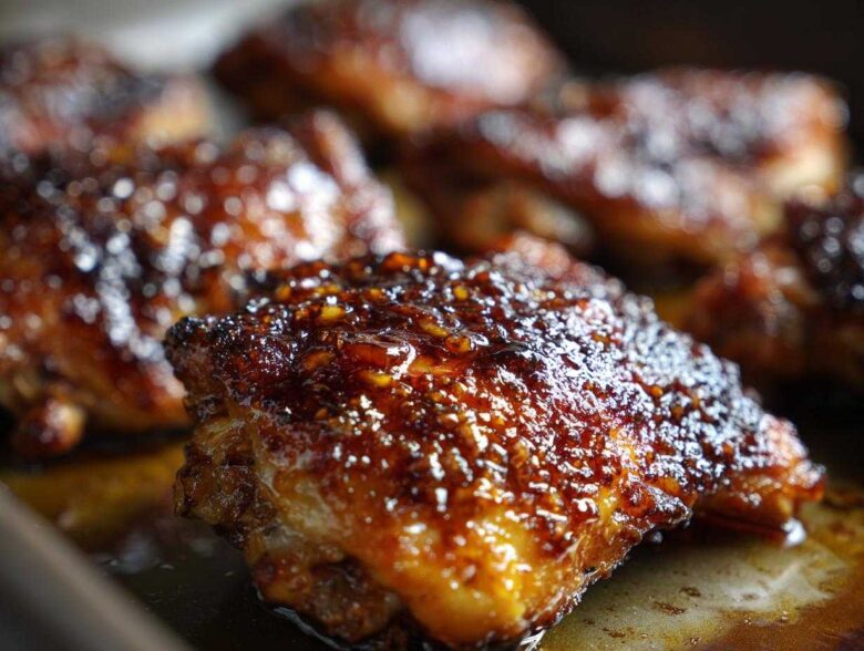 Close-up of perfectly cooked Honey Garlic Chicken Thighs with a thick, shiny, caramelized glaze.