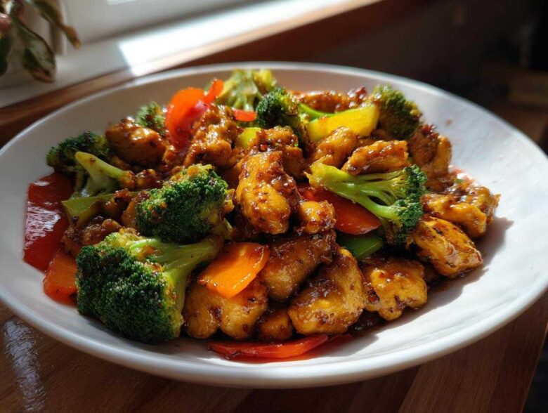 Close-up of a white bowl filled with glossy Honey Garlic Chicken and Veggie Stir Fry featuring broccoli, carrots, and peppers.