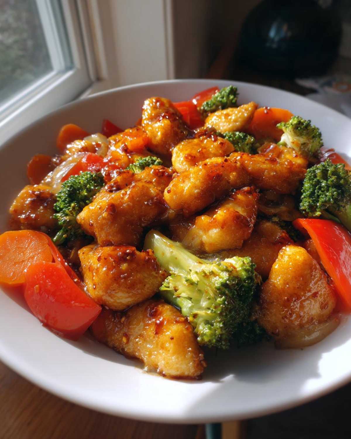 Close-up of golden, glazed chicken pieces mixed with bright broccoli, carrots, and red peppers in a Honey Garlic Chicken and Veggie Stir Fry.
