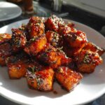 Close-up of glistening Honey Garlic Salmon Bites with caramelized edges, sprinkled with herbs and sesame seeds.