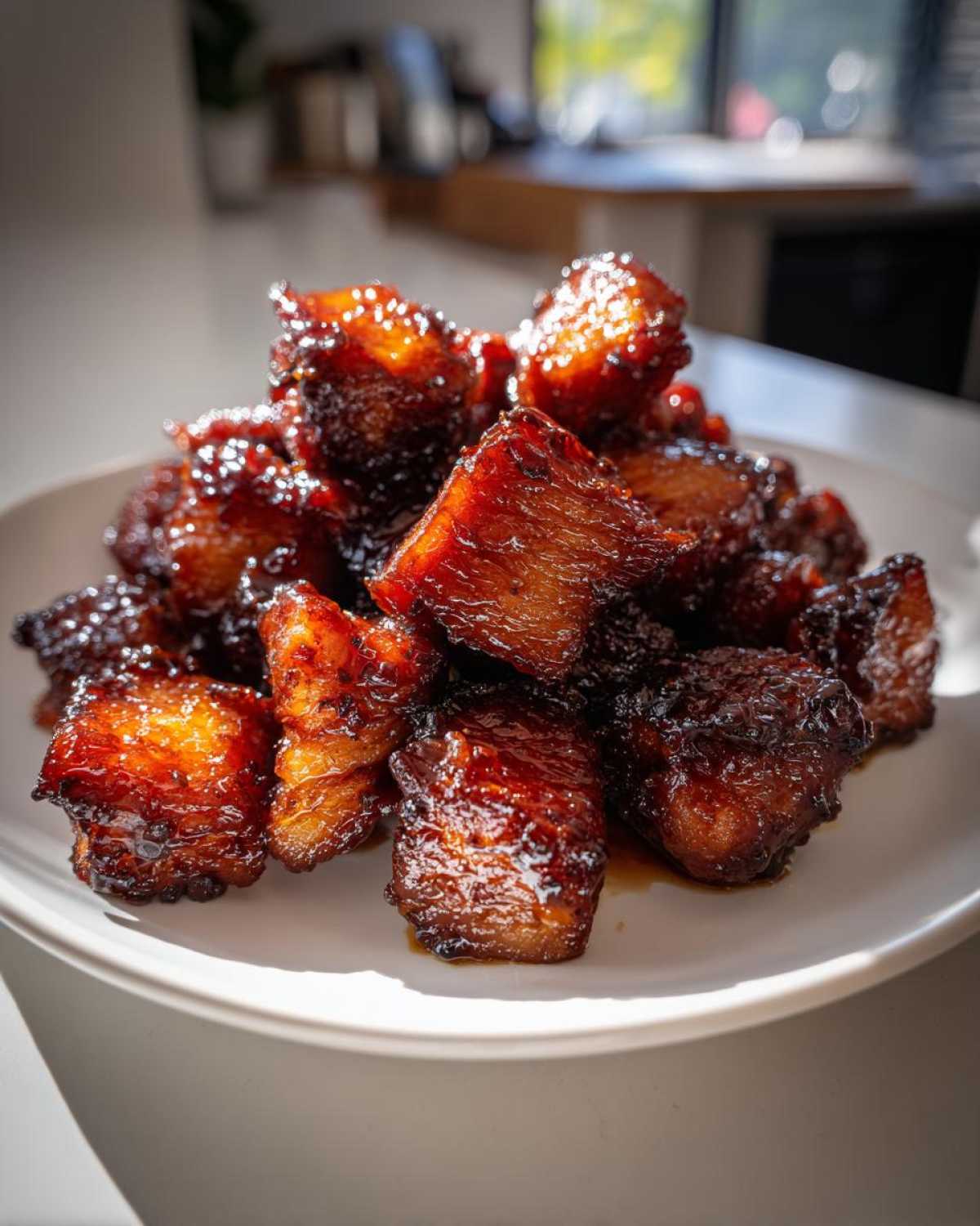 Close-up of glistening Honey Garlic Salmon Bites piled high on a white plate, showing caramelized edges.