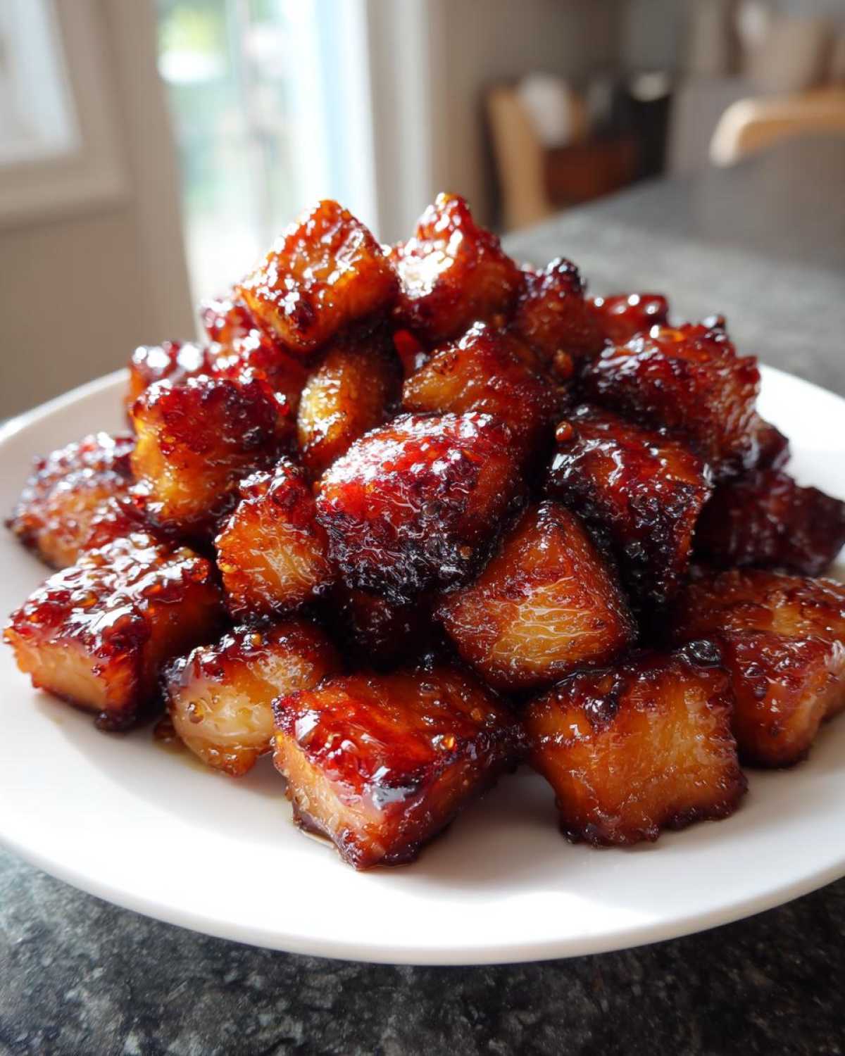 A mound of perfectly cooked Honey Garlic Salmon Bites with deeply caramelized, glossy edges stacked high on a white plate.