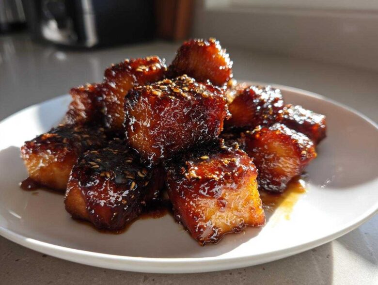 A pile of glistening Honey Garlic Salmon Bites with caramelized edges and sesame seeds on a white plate.