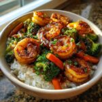 Close-up of a Honey Garlic Shrimp Bowl Quick Dinner featuring glazed shrimp, broccoli, and carrots over white rice.