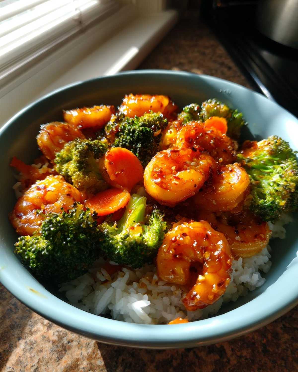 Close-up of a Honey Garlic Shrimp Bowl Quick Dinner featuring glazed shrimp, bright green broccoli, and sliced carrots over white rice.