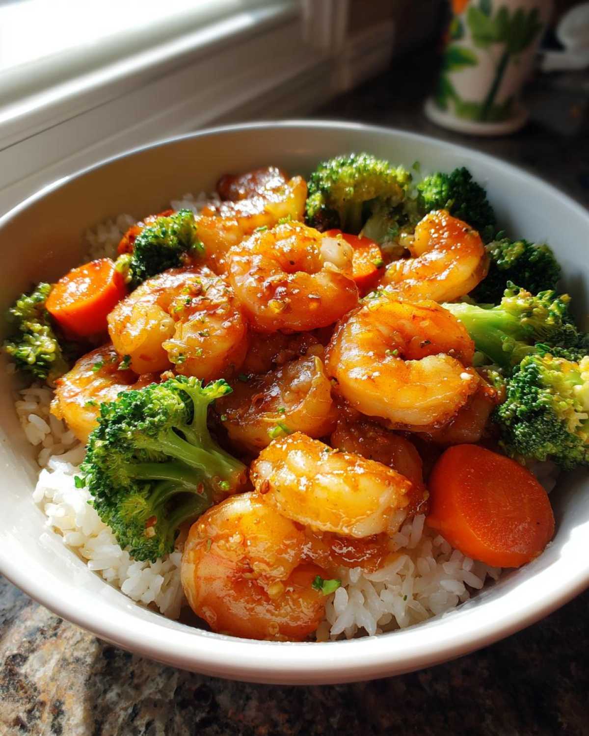 A close-up of a Honey Garlic Shrimp Bowl Quick Dinner featuring glazed shrimp, bright green broccoli florets, and sliced carrots over white rice.