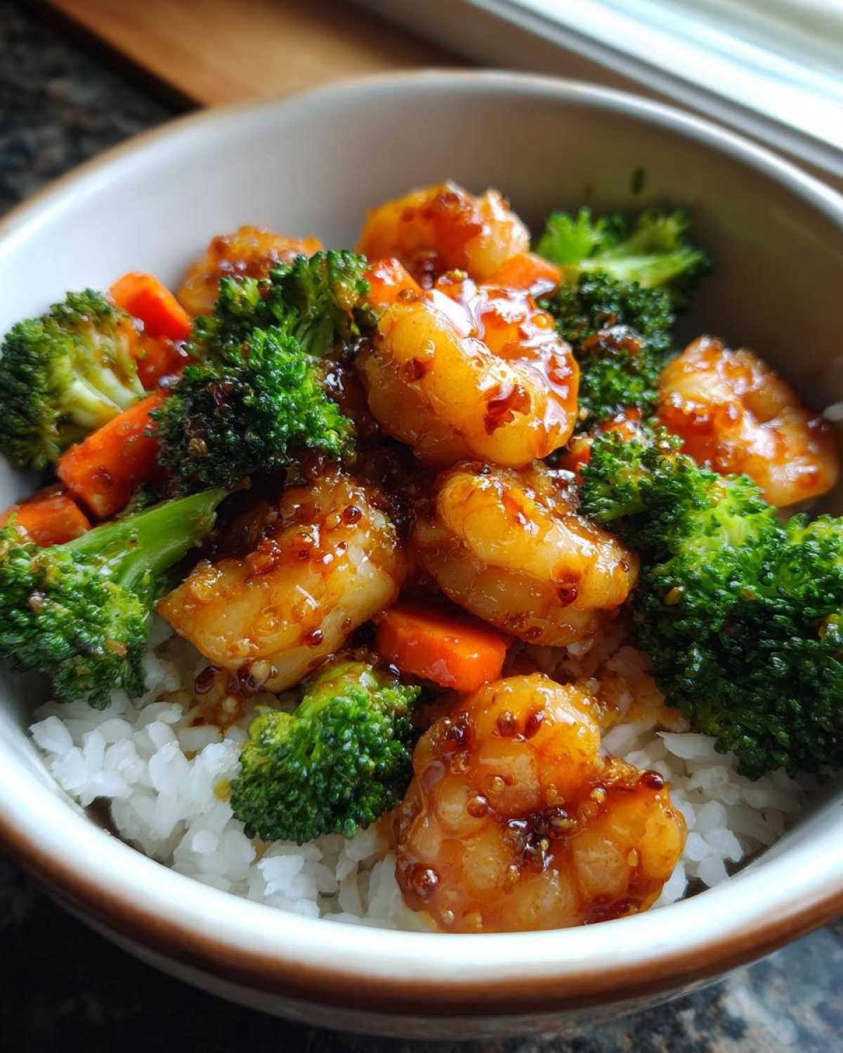 Close-up of a Honey Garlic Shrimp Bowl Quick Dinner served over white rice with bright green broccoli florets and sliced carrots.