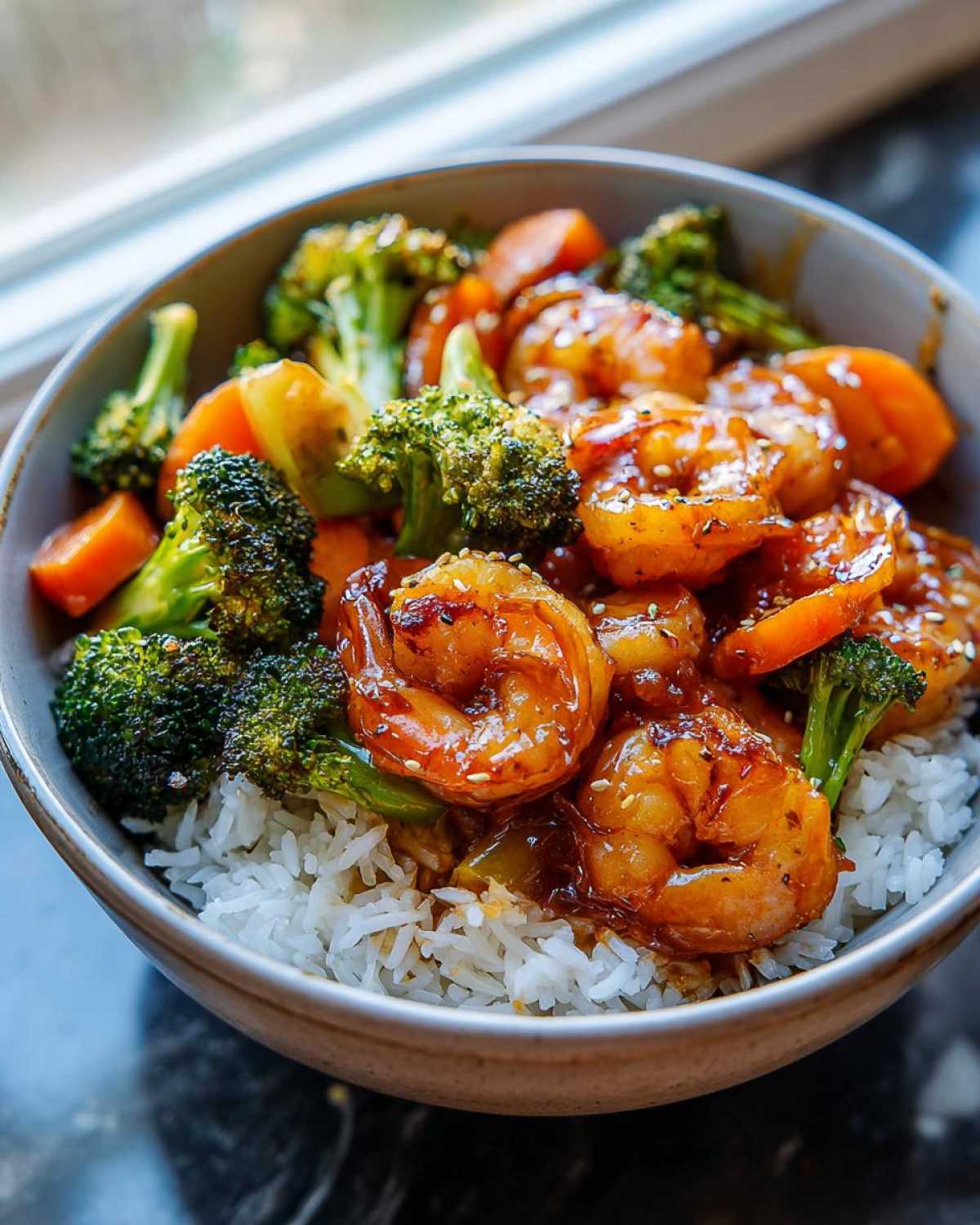 Close-up of a Honey Garlic Shrimp Bowl with glazed shrimp, steamed broccoli, carrots, served over white rice.