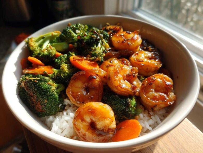 Close-up of a Honey Garlic Shrimp Bowl Quick Dinner featuring glazed shrimp, bright green broccoli, and sliced carrots over white rice.