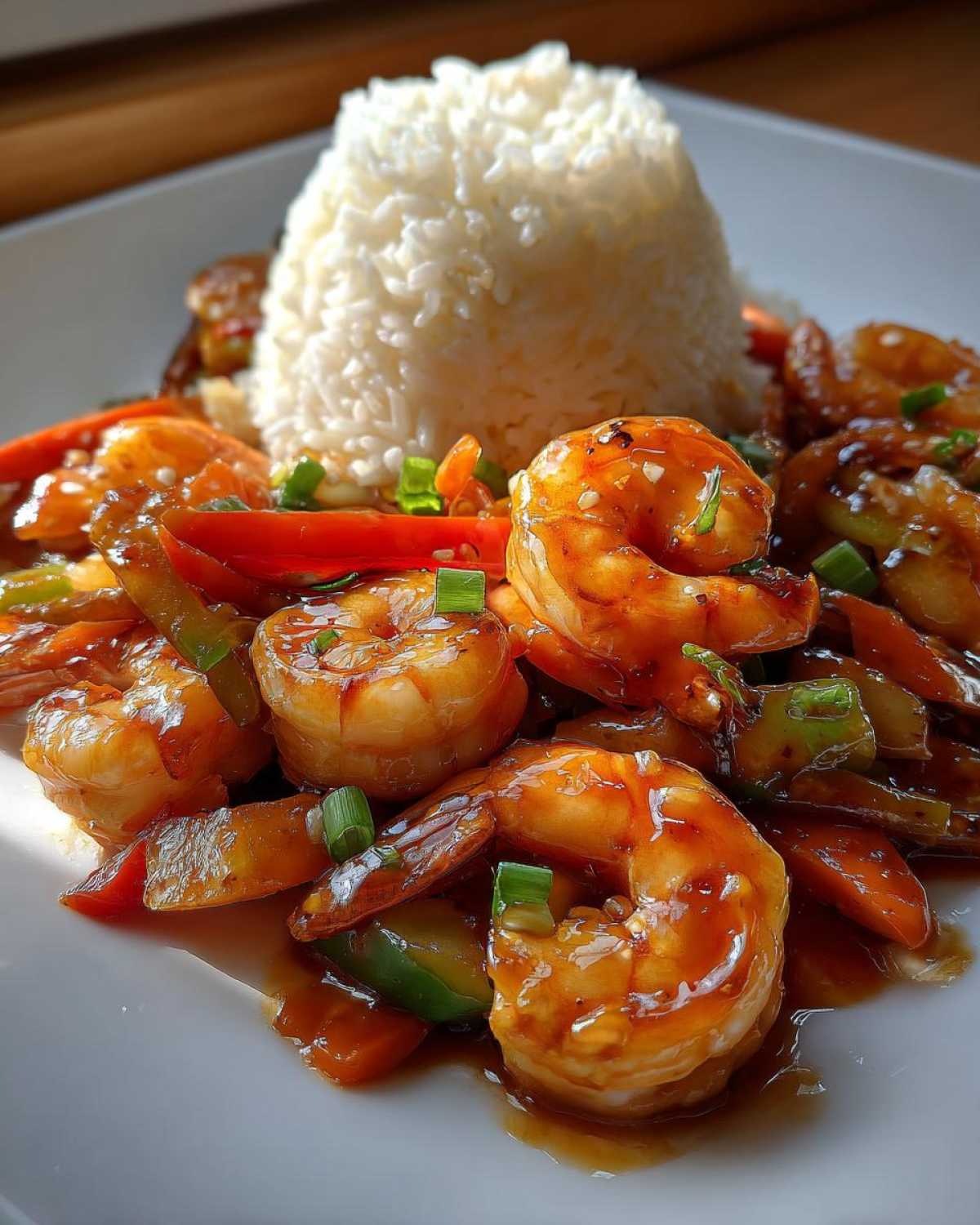 Close-up of Honey Garlic Shrimp Skillet with rice, featuring plump shrimp coated in a glossy sauce and garnished with green onions.