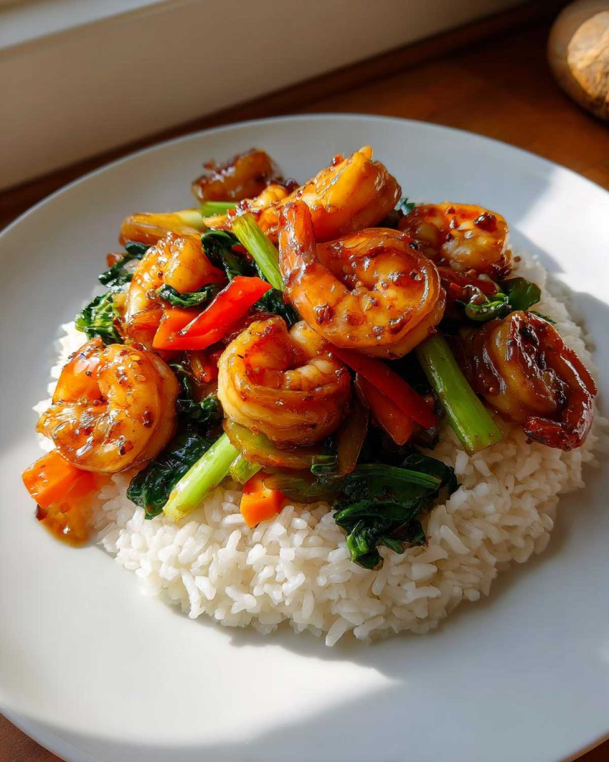 Close-up of Honey Garlic Shrimp Skillet with rice, featuring glossy shrimp, green vegetables, and carrots served over a bed of white rice.
