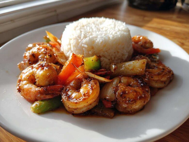 A serving of Honey Garlic Shrimp Skillet with Rice, featuring glazed shrimp and vegetables next to a mound of white rice.