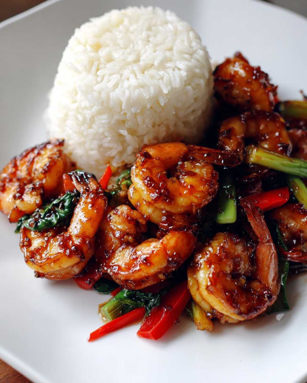 Close-up of Honey Garlic Shrimp Skillet with rice, featuring glossy, glazed shrimp, red peppers, and green onions.