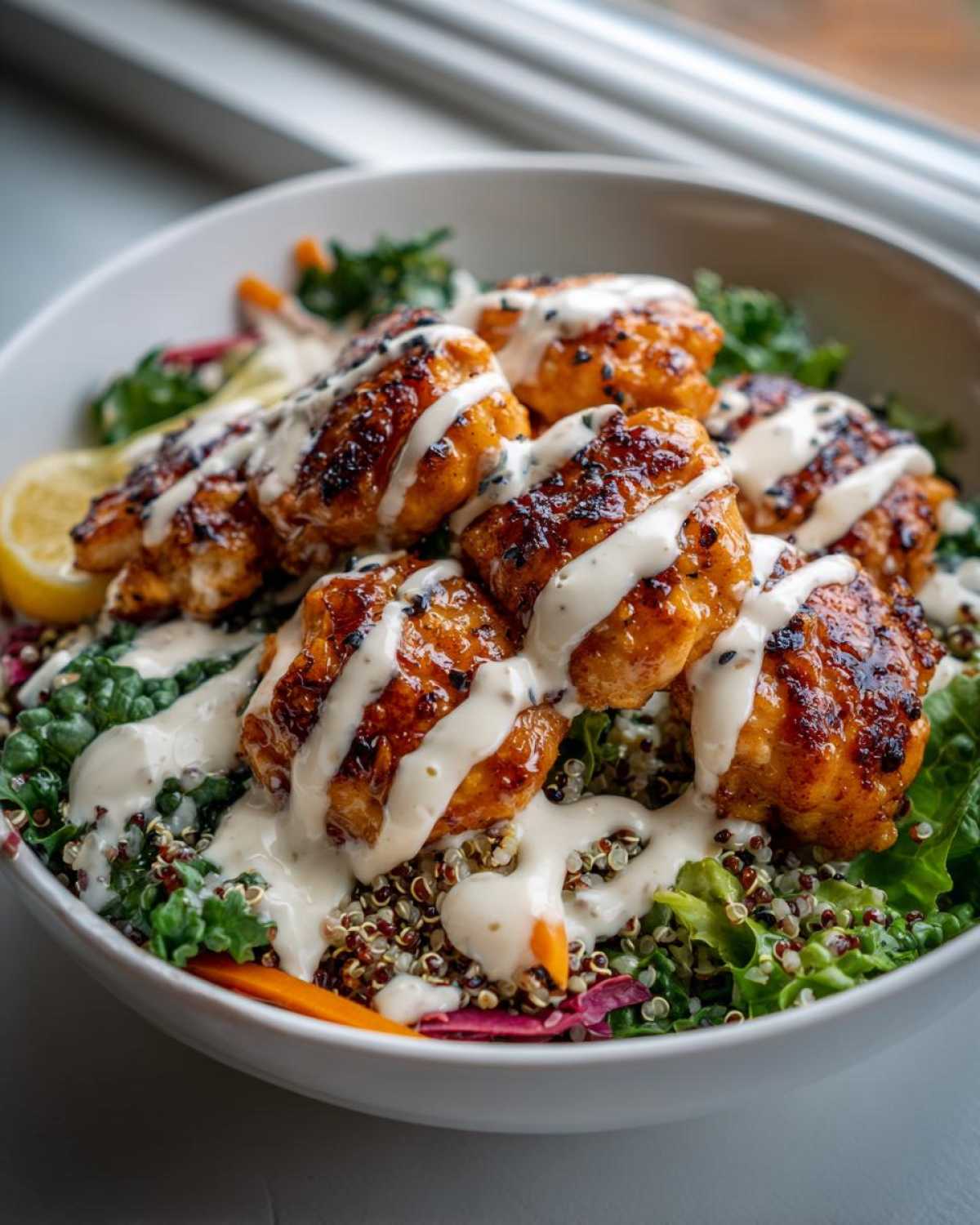 Close-up of a Honey Mustard Chicken Bowl featuring glazed chicken pieces drizzled with creamy sauce over quinoa and greens.
