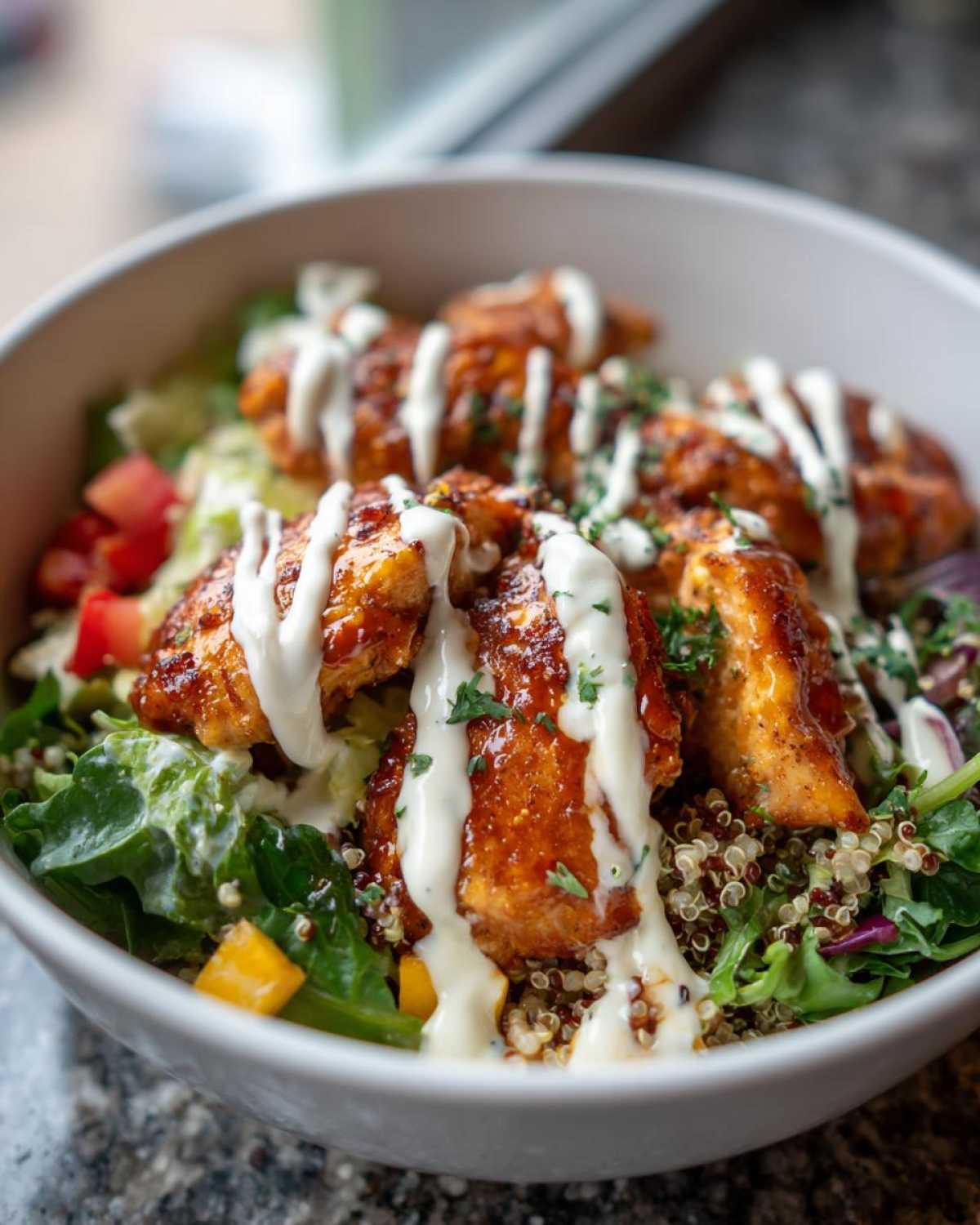 Close-up of a Honey Mustard Chicken Bowl featuring glazed chicken pieces drizzled with creamy sauce over greens and quinoa.