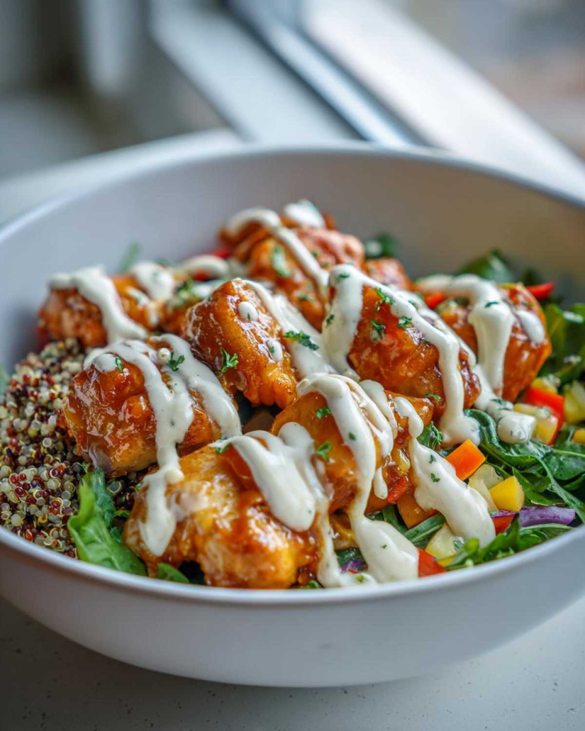 Close-up of a Honey Mustard Chicken Bowl featuring glazed chicken pieces drizzled with creamy sauce over greens and quinoa.